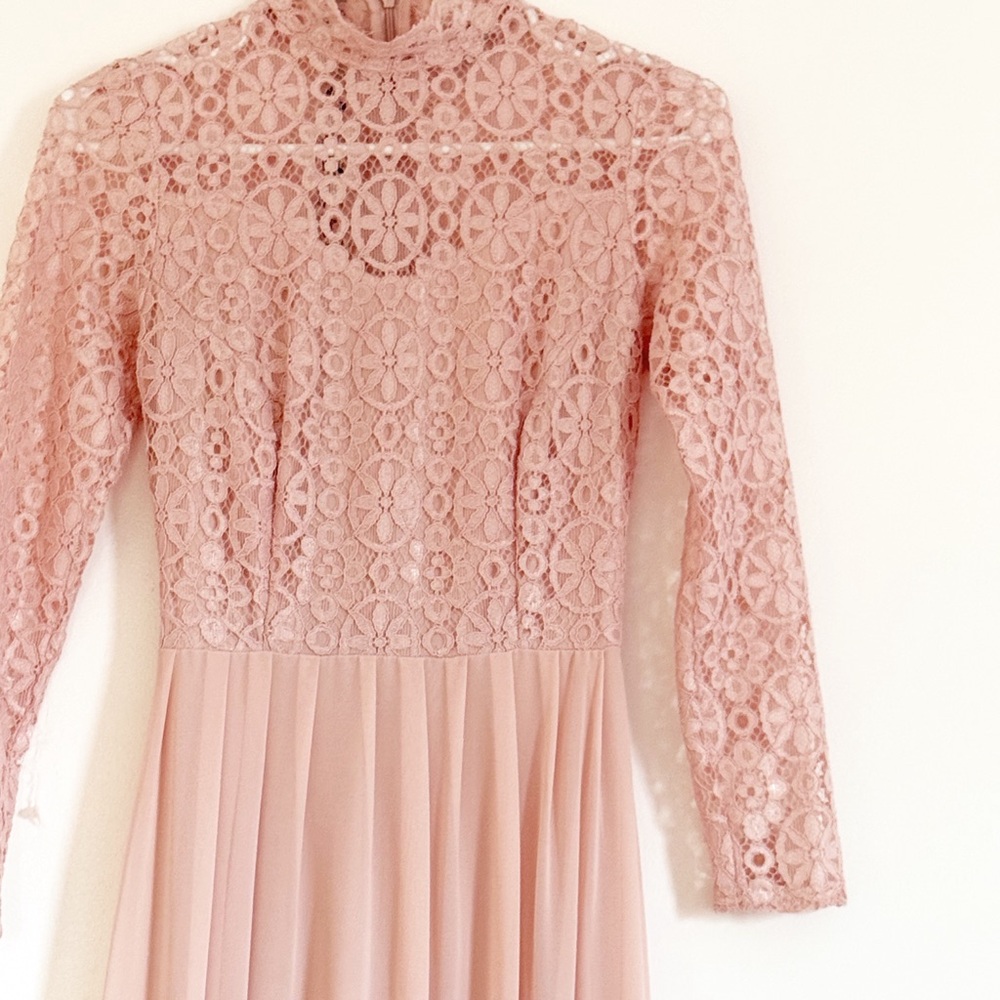 Blush Pink Lace Women's Long Sleeve Maxi Dress with Mock Turtleneck
